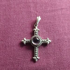 Elegant Silver Cross Necklace with Purple Gem